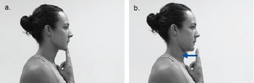 Photographs of a woman completing the neck retraction exercise