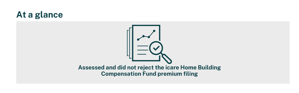 At a glance SIRA assessed and did not reject the icare Home Building Compensation Fund premium filing